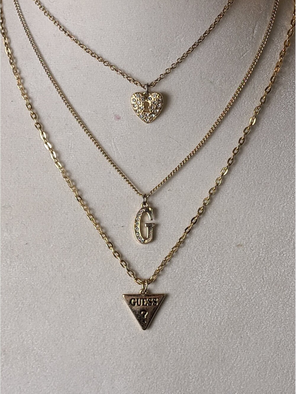 Guess 23" Gold Tone 3-Tier Layered Pendant Necklace Crystal Pave Heart "G" Logo